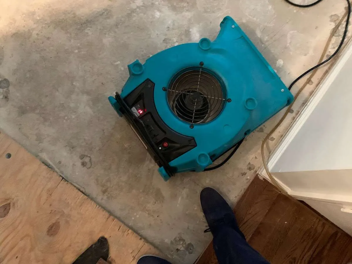 Air mover drying subfloor during Commercial Water Damage Restoration in Pine Hill